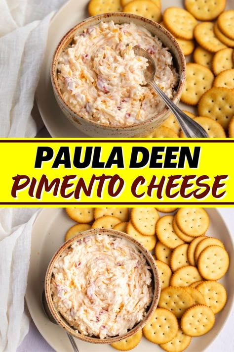 Paula Deen pimento cheese is a quick and easy dip that's perfect for impromptu parties and get-togethers! With just 7 ingredients, this dip is easy to whip up and will disappear in a flash! Bobby Dean Pimento Cheese Recipe, Homemade Pimento Cheese Recipe Paula Dean, Paula Deens Pimento Cheese Recipe, Paminto Cheese Dip, Paula Deen's Recipes, Southern Pimento Cheese Dip, Gourmet Pimento Cheese Recipe, Easy Pimento Cheese Dip, Trisha Yearwood Pimento Cheese