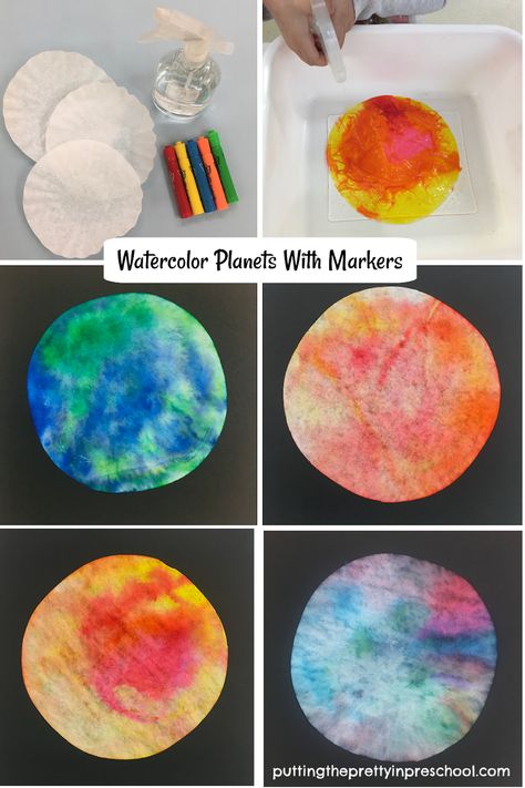 Watercolor Planets With Markers Planet Art Preschool, Planet Activities For Toddlers, Planets Projects For Kids, Planet Art For Kids, Space Provocations, Planet Activities For Kids, Planet Crafts For Kids, Planet Activities, Planets For Kids