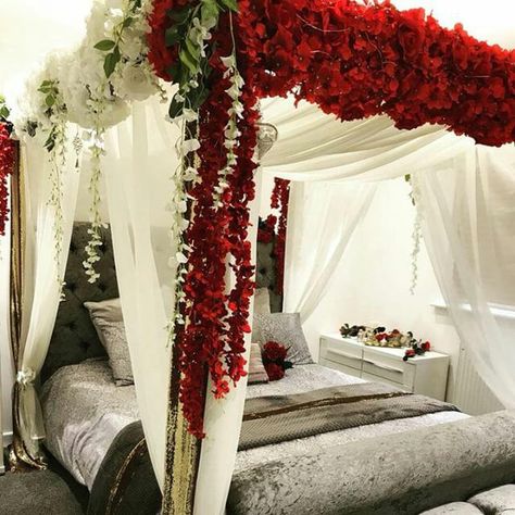 Serenity Decor - Muslim Wedding Directory Newlywed Bedroom, Valentine Bedroom Decor, Bridal Room Decor, Wedding Night Room Decorations, Valentines Bedroom, Marriage Hall, Rooms Decoration, Romantic Room Decoration, Flower Room Decor