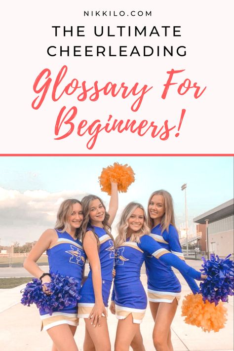 This article lists 40 essential cheerleading terms every cheerleader absolutely needs to know. These are words you’ll hear all the time at every practice, game, and competition you attend. For every definition, I've included an example photo or video to help you learn all things cheer. Think of this post as your go to cheerleading glossary for whenever you need to reference a term! Tap or click to keep reading. Front Walkover, Cheerleading Jump, Basket Toss, Cheer Games, Gymnastics Moves, School Cheerleading, Cheerleading Competition, Cheerleading Photos, College Cheerleading