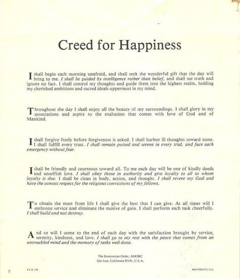 Rosicrucian creed of happiness Rosicrucian Quotes, Esoteric Quotes, Sacred Knowledge, Yoga Thoughts, Mantra Quotes, Knowledge Quotes, Healthy Mind, Book Of Shadows, Alchemy