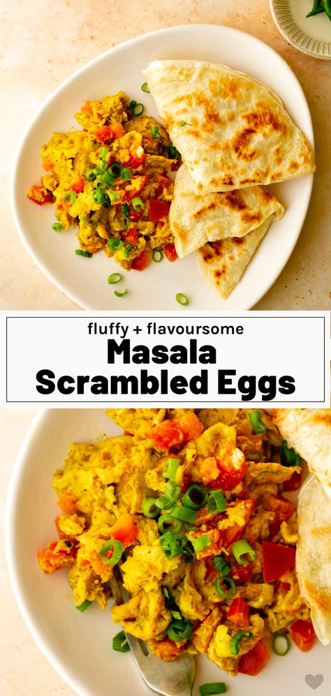 Masala Scrambled Eggs (Egg Bhurji) - Shivani Loves Food Curry Scrambled Eggs, Masala Scrambled Eggs, Scrambled Eggs With Vegetables, Scrambled Eggs With Greek Yogurt, India Breakfast Recipes, Indian Food Breakfast, Indian Scrambled Eggs, Indian Egg Recipes, Egg Scramble Recipes