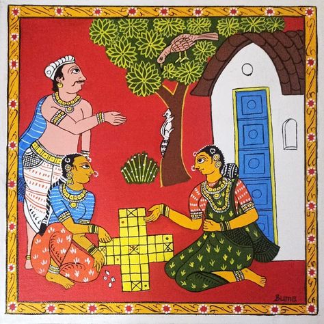 Cheriyal painting, Acrylics, 12" x 12" canvas board Chitrakathi Paintings, Cherial Paintings, Cheriyal Art, Cheriyal Paintings, Ethnic Aesthetic, Art Forms Of India, Drawing Pics, Phad Painting, God Painting