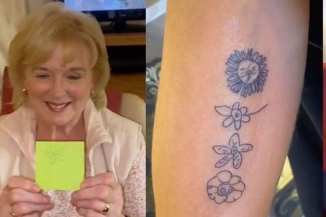 Flower Grandparents Tattoo, Grandparents Draw Flower Tattoo, Grandparents Draw Tattoo, Grandparent Flower Tattoo, Grandparents Flower Tattoo, Family Drawing Tattoo, Kids Drawing Tattoo, Grandparents Tattoo Ideas, Family Flower Tattoo