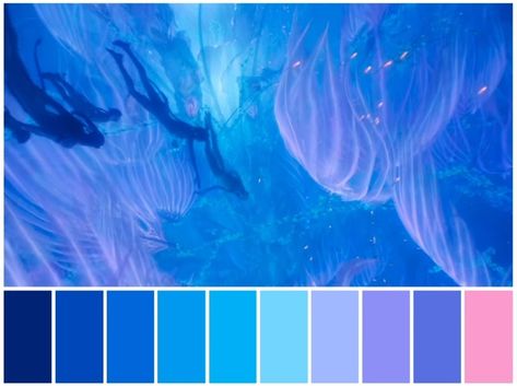 Undersea Color Palette, Water Color Pallete Blue, Deep Sea Colour Palette, Deep Sea Palette, Cyan Blue Color Palette, Ocean Pallet Color, Avatar Color Palette, Deep Ocean Color Palette, Jellyfish Color Palette