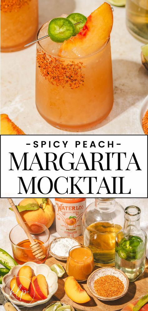 A spicy peach margarita mocktail in a glass along with the ingredients. Margarita Mocktail Recipe, Infused Simple Syrup, Margarita Mocktail, Virgin Margarita, Easy Mocktail Recipes, Mocktail Drinks, Peach Margarita, Alcohol Free Drinks, Perfect Summer Drink