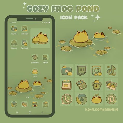 Frog Icon Aesthetic, Frog Phone Theme, Frog Wallpaper Desktop, Cozy Icons, Anime Behind Glass, Frog Pond, Desktop Themes, Mushroom Wallpaper, Frog Theme