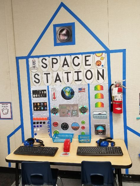 Space station Space Corner Preschool, Aistear Themes, Space Daycare Theme, Daycare Space Theme, Preschool Classroom Space Theme, Planets Classroom Theme, Space Area Preschool, Space Theme For Classroom, Space Week Activities For Preschoolers