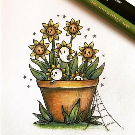 Lydia Leigh on Instagram: “Haunted flower pot 🌻👻 #hauntedflowers #spookygarden #spookycuteart #sunflowers #plantpotillustration” Goth Sunflower, Spooky Sunflower, Sunflower Halloween, Sunflower In Pot, Flower Pot Drawing, Sunflower Drawings, Flower Pot Tattoo, Flower Bouquet Drawing, Sunflower Artwork