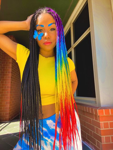 Black And Rainbow Braids, Half Colored Box Braids, Half And Half Box Braids Color, Half And Half Hair Color Box Braids, Rainbow Knotless Braids, Pride Braids, Box Braids Two Colors, Rainbow Box Braids, Colorful Box Braids