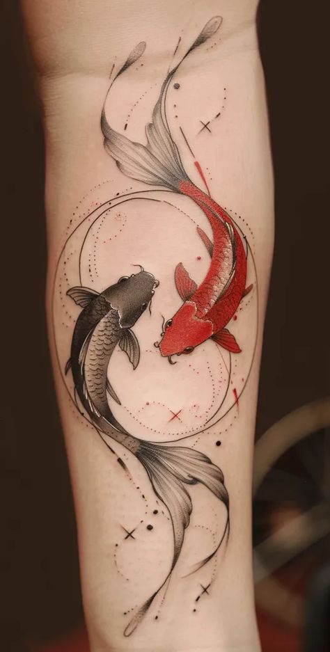 The image depicts a tattoo of two koi fish in a circle. Tato Fish, Koi Neck Tattoo, Pieces Koi Fish Tattoo, Koi Fish Circle Tattoo, Coral Fish Tattoo, Back Tattoo Koi Fish, Koi Carp Tattoo Design, Black And Red Koi Fish Tattoo, Koi Fish Knee Tattoo