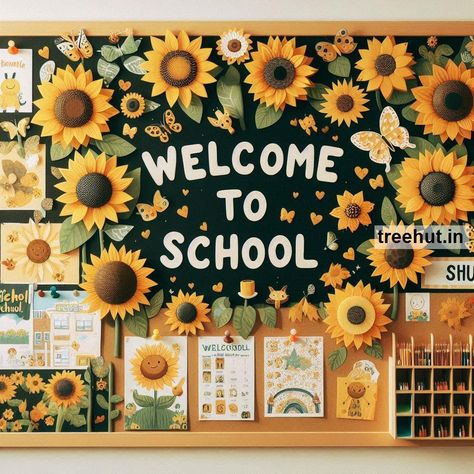 Sunflower Bulletin Board Ideas for Elementary School. Back to School Sunflower Activities for Elementary School. These bulletin board ideas and activities can help make the beginning of the school year engaging and enjoyable for elementary school students while celebrating the theme of Sunflowers. Beginning Of School Year Bulletin Boards, Classroom Banner Ideas, Sunflower Bulletin Board Ideas, Bulliten Boards Ideas Aesthetic, Sunflower Classroom Theme, Sunflower Activities, Bulletin Board Ideas For Elementary, Board Decoration Ideas School, Sunflower Bulletin Board