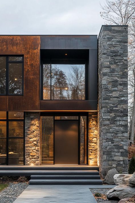 Metal and textured stone modern house facade. Check out all of these modern house facades that can transform any home into a head-turner with instant curb appeal. Stone Building Facade, Textured House Exterior, Exterior Rustic Homes, Stone And Wood Facade, Villa Facade, Modern Facade Architecture, Modern Stone House, Modern Stone House Exterior, Modern Rustic House Exterior