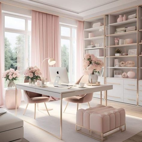 Pink Home Office, Elegant Home Office, Feminine Home Offices, Cozy Home Office, Pink Office, White Desk, Office Room Decor, Study Room Decor, Home Office Setup