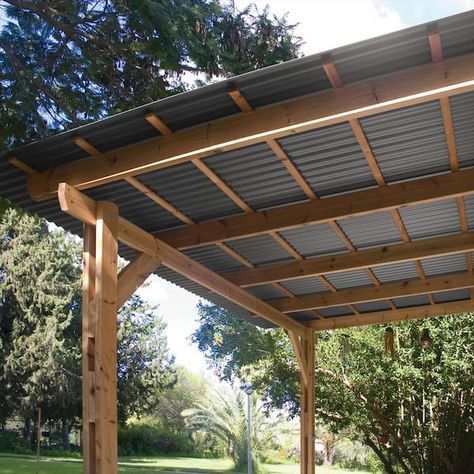 Metal Overhang Porch, Deck Metal Roof, Metal Roof Over Deck Ideas, Corrugated Roof Pergola, Gable Patio Roof, Tinted Polycarbonate Roof Panels, Deck Roofing Ideas Covered Pergola, Metal Roof On Pergola, Shed Roof Carport