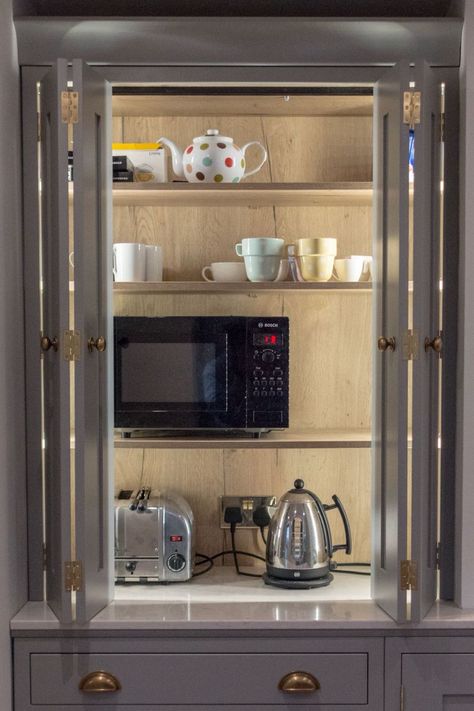 Bespoke Shaker Inframe Kitchen | Glasgow | Smooth Finish Hidden Kettle And Toaster, Hidden Kettle And Toaster In Kitchen, Kettle And Toaster Cupboard, Inframe Shaker Kitchen, Wren Kitchen Shaker Mushroom, Shaker Kitchen Wine Rack, Inframe Kitchen, Kitchen Handmade, Building A Kitchen