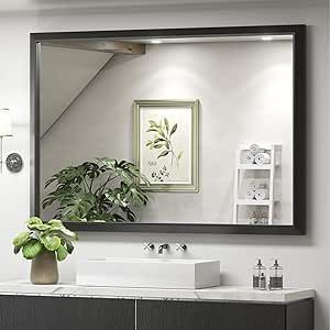 SMIROR 48x36 Inch Matte Black Bathroom Mirrors for Over Sink, Metal Framed Vanity Mirror for Wall, Rectangular, Right Angle Corner, Thick Frame, Tempered Glass (Horizontally/Vertically) Bathroom Mirror With Frame, Black Rectangle Mirror, Black Bathroom Mirrors, Framed Vanity Mirror, French Cleats, Mirror For Wall, Black Mirror Frame, Matte Black Bathroom, Over Sink