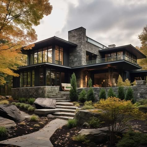 Dark Green Exterior House Colors, Dark Modern House, Green Exterior House Colors, Mountain Home Exterior, Dark Modern, Bloxburg Houses, Exterior House Color, Dark House, House In Nature