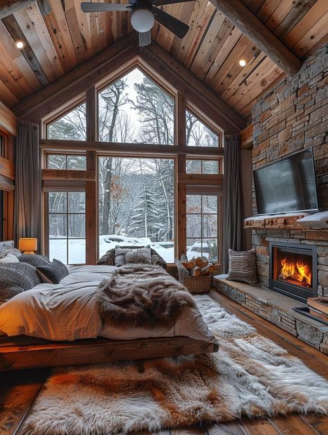 Bedroom With Porch Master, Mountain House Bunk Room, Mountain Cabin Aesthetic Bedroom, Cozy Cabin In The Mountains, Colorado Cabin Aesthetic, Cabin In Woods Aesthetic, Cabin Home Ideas, Bedroom With Fireplace Master, Mountain House Interior Design