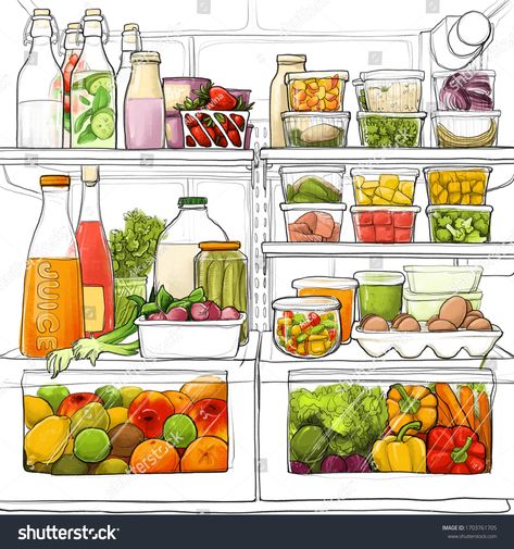 Open fridge with food, salad, fruits, juice. Vegetarian food set. Watercolor painting #Ad , #SPONSORED, #salad#fruits#food#Open Open Refrigerator Drawing, Open Fridge Illustration, Inside Fridge Drawing, Open Fridge Drawing, Fridge Drawing, Fridge Illustration, Open Fridge, Fruits Juice, Daily Routine Activities