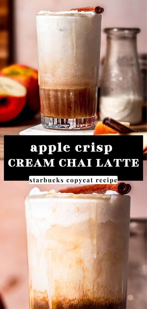 This iced apple crisp nondairy cream chai latte is made with velvety oat milk and a sweet spiced chai tea concentrate. It has the best dairy-free sweet cream on top flavored with a homemade apple brown sugar syrup. This Starbucks copycat chai latte is vegan, dairy free and so delicious. It's the perfect fall drink. Spiced Apple Tea Starbucks, Iced Apple Crisp Cream Chai, Fall Iced Latte Recipes, Starbucks Iced Apple Crisp Chai, Apple Crisp Non Dairy Chai, Caramel Apple Chai Latte, Chai Apple Cider, Chai Tea With Oat Milk, Diy Chai Concentrate