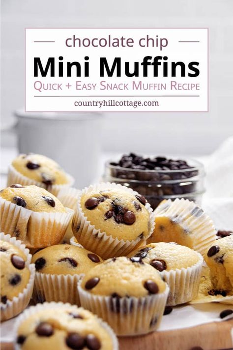 See how to make the best easy homemade mini chocolate chip muffins. These mini chocolate chip muffins are super tender and bouncy, studded with chocolate chips in every bite. Not only are they ready in 30 minutes, you only need 7 basic ingredients to make these no-mixer muffins. This mini muffins recipe is perfect for kids, toddlers, breakfast, lunch boxes, or as a bite-sized snack. With tips for variations with cinnamon, gluten free, funfetti, nuts, and fruits.| CountryHillCottage.com Holiday Mini Muffins, Chocolate Chip Mini Muffins, Homemade Chocolate Chip Muffins, Mini Muffin Tin Recipes, Mini Muffin Recipe, Choc Chip Muffins, Mini Chocolate Chip Muffins, Chocolate Chip Cupcakes, Tin Recipes