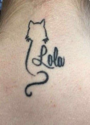 Pet Name Tattoo Ideas Cats, Cat Tattoo With Name, Pet Tattoos Cat Memorial, Tattoo Ideas Female Cat, Memorial Cat Tattoos, Cat Memorial Tattoo, Silly Tattoos, Flower Vine Tattoos, Pet Memorial Tattoo