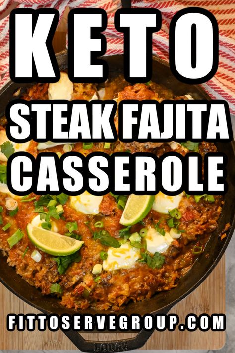 Take your Mexican food options and Taco Tuesday dinners to new heights with our keto steak fajita casserole! Our one-skillet recipe is the perfect meal to make when you find yourself dealing with busy weeknights or need a quick weekend meal. low-carb steak fajita casserole| keto casserole| one skillet keto meal Keto Shredded Steak Recipes, Keto Steak Fajita Casserole, Keto Beef Fajita Recipes, Beef Fajitas Casserole, Fahijatas Recipe Keto, Keto Leftover Steak Recipes, Beef Fajita Meat Recipes, Leftover Fajita Meat Recipes, Steak Fajita Casserole Recipe