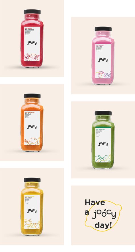 Joocy / Brand identity on Behance Juice Branding Design, Illustration Packaging Design, Clean Fruit, Gold Sink, Sink Cleaner, Fruit Juice Packaging, Label Inspiration, Juice Logo, Juice Label