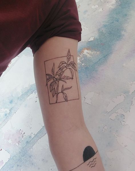 Unique Linework Tattoos, Square Fine Line Tattoo, Square Art Tattoo, Minimal Line Work Tattoo, Square Outline Tattoo, Tattoo In Square Frame, Big Minimalist Tattoo, Framed Minimalist Tattoo, Solid Line Tattoo Arm