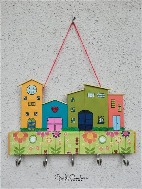 Mini Houses Key Holder, #latepost | The Craft House Mini Wall Decor, Mdf Key Holder, Diy Keyholder Ideas, Key Holder Painting Ideas, Keyholders Diy Cute Ideas, Key Holder Diy Creative, Lippan Art Key Holder, Mdf Crafts Ideas, Key Holder Ideas Diy