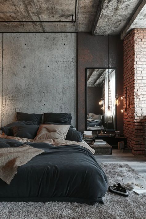 36 Industrial Bedroom Design Ideas for a Stylish Space | VIVA Bedroom With Concrete Wall, Industrial Curtains Bedroom, Bedroom Decor Industrial Modern, Industrial French Country, Industrial Farmhouse Bedroom Decor, Modern Industrial Bedroom Decor, Cozy Industrial Bedroom, Industrial Boho Bedroom, Industrial Bedrooms