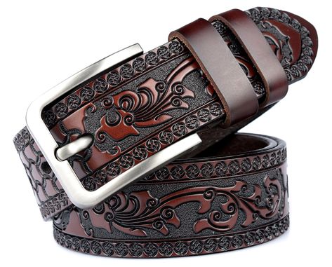 PRICES MAY VARY. 【Durable and Classic Western Cowboy Belt】Cowboy belt is made of quality leather, decorated with embossed flower patterns, classic and beautiful, the belt buckle is made of quality zinc alloy, reliable for a long time use, not easy to break and fade. 【Western Cowgirl Cowboy Belts Size】Two size could to choose,Detailed Size Information: bull shape belt buckle measures about 3.8cm/1.5 inches in width, One size about 43 inches in length, Suit for Waist 34''-39'',The other size about Mens Belts Fashion, Leather Pant, Punk Rock Fashion, Designer Belt, Designer Belts, Vintage Punk, Vintage Gothic, Faux Leather Belts, Style Punk