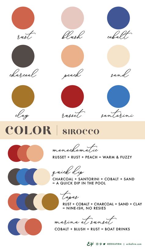 Sirocco color palette by Erika Firm Terracotta Rust Sunset Cobalt Blue Blush Clay Cobalt Color Combinations, Sirocco Color, Harmony Color, Sand Clay, Colour Composition, Monochromatic Color Palette, Color Guide, Blue Colour Palette, Color Crush