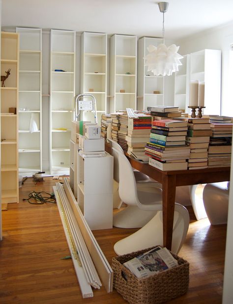 dining-room-mess-bookcases Dining Room Turned Library, Dining Room Library Combo, Dining Room Bookshelves, Library Dining Room, Room With Bookshelves, Small Living Room Dining Room, Surrey House, Dining Room Library, Print On Fabric