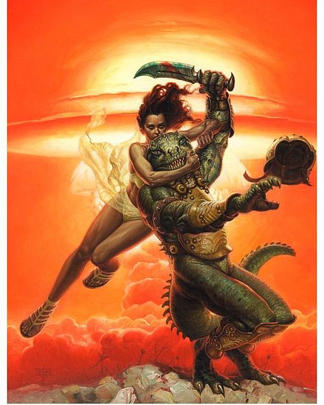 @pulpster on Instagram: “The Blast Of Us. Art by Mark Zug” Dark Fantasy Pulp Art, Kali Flame Of Samsara, Sci Fi Native American Art, Frank Frazetta Caveman, Deathdealer Frank Frazetta, Fantasy Battle, Female Art Painting, Pulp Art, Fantasy Artist