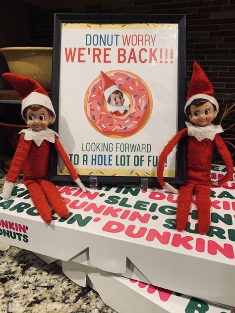 Elf On The Shelf With Donuts Ideas, Elf On The Shelf We Are Back Ideas, We're Back Elf On The Shelf Ideas, We're Back Elf, Elf On The Shelf We're Back Ideas, Elf We Are Back, Donut Worry Im Back Elf, Elf Donut Ideas, Were Back Elf On Shelf