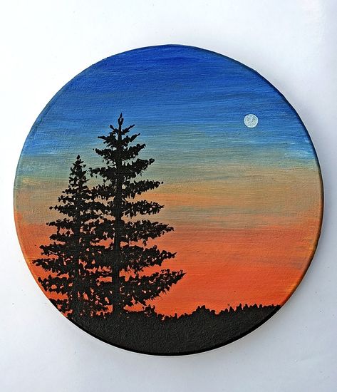 Circle Board Painting, Round Canvas Ideas Easy, Easy Wood Slice Painting, Round Box Painting Ideas, Painting Ideas On Round Canvas, Circle Canvas Ideas, Circular Paintings, Wooden Circle Painting Ideas, Circle Paintings