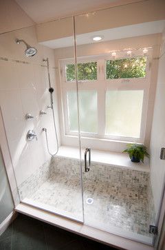 windows in the shower with bottom ones frosted?  I like the bench/shelf in the shower (for sitting or products) Frosted Window Design, تصميم دورة مياه, Window In Shower, Rustic Shower, Farmhouse Shower, Tile Remodel, Small Remodel, Bathroom Shower Tile, Bathroom Remodel Shower