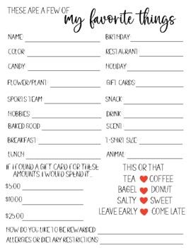 Do you struggle to figure out what kinds of gifts to get your employees or co-workers every year? Let the Staff Favorite Things Questionnaire, Staff All About Me Survey Printable do the work for you! No more guessing what kind of things you staff likes and give them exactly what they want. Simply give to your employees, staff, or co-workers and have them answer the questions about some of their favorite things, then you can use it throughout the year when getting gifts for them, giving workplace Birthday Favorite Things List, Getting To Know Staff Questions, These Are A Few Of My Favorite Things Printable Free, Staff Interest Survey, Gift Survey Favorite Things, Staff Likes Survey, Staff Survey Questions, These Are A Few Of My Favorite Things Printable, Just A Few Of Your Favorite Things Form