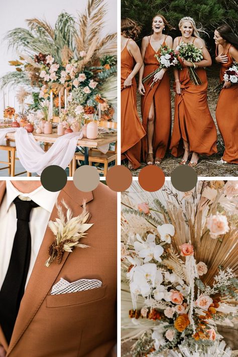 Wedding Color Pallet 2023, Copper Color Palette Wedding, Color Theme Wedding Colour Palettes, Rustic Color Palette Wedding, Terracota Wedding Theme, Wedding Theme 2023, Mood Boards Wedding, Mood Board For Wedding, Boho Theme Wedding