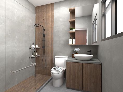 Tidplus Design on Instagram: “Contrasting grey and brown is interesting, but contrasting cement and wood takes it to another level. The coolness of cement-like tiles is…” Brown Grey Bathroom Ideas, Wood And Cement Bathroom, Brown And Grey Bathroom, Grey Brown Bathroom, Grey Tile Bathroom Ideas, Tidplus Design, Bathroom Interior Design Wood, Brown And Gray Bathroom, Brown Tile Bathroom