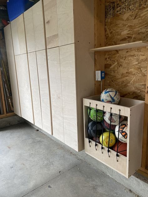 How to organize your garage with DIY cabinets — Built by Caitlin Unfinished Garage Organization Ideas, How To Organize Screws And Nails Garage, Diy Garage Lockers, Garage Ikea Hacks, Build Garage Cabinets, Diy Garage Cabinets Ideas, Diy Garage Storage Cabinets Wall, Diy Garage Projects, Garage Shelves With Doors