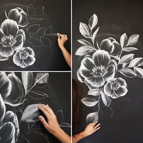 How To Create Gorgeous Chalk Art Chalk Lettering, Chalk Mural, Chalk Wall, Draw Flowers, Flower Drawings, Chalkboard Designs, Drawing Flowers, Wall Art Crafts, Chalkboard Wall