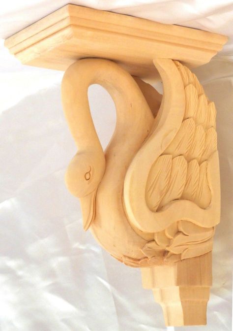 ZakrosDesign. 11-1/2"H X 5-1/4"W x 7-3/8"D    Hand Carved Red Oak, Birch Wood Swan Corbel New Unfinished, Triple sanded. SKU# CW1046 For More Options and Questions, Please Go to Our Ebay Store Shell Applique, Wooden Corbels, Wood Corbels, World Decor, Lake Cottage, Diy Home Repair, Dream Room Inspiration, Hard Wood, Home Repairs