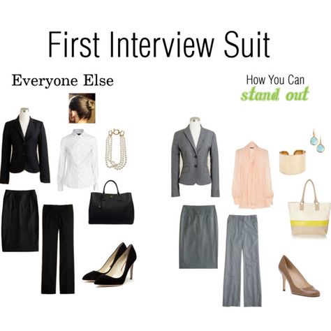 I'd recommend using a more professional looking bag and losing the chunky bracelet, but the rest of the example on the right is fine. Job Interview Shoes For Women, First Interview Outfit, Women Suits Business, Job Interview Outfits, Interview Clothes, Business Interview, Interview Suits, How To Have Style, Job Interview Outfit