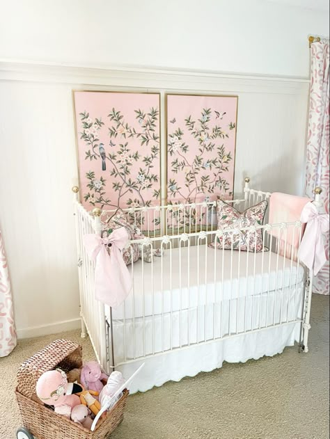 Girly Nursery Wallpaper, Preppy Nursery, Green And Pink Nursery, Bows On Crib, Pink Chinoiserie Nursery, Bow Nursery Theme Girl, Baby Girl Bow Theme Nursery, Chinoiserie Nursery, Pink Bow Nursery Theme