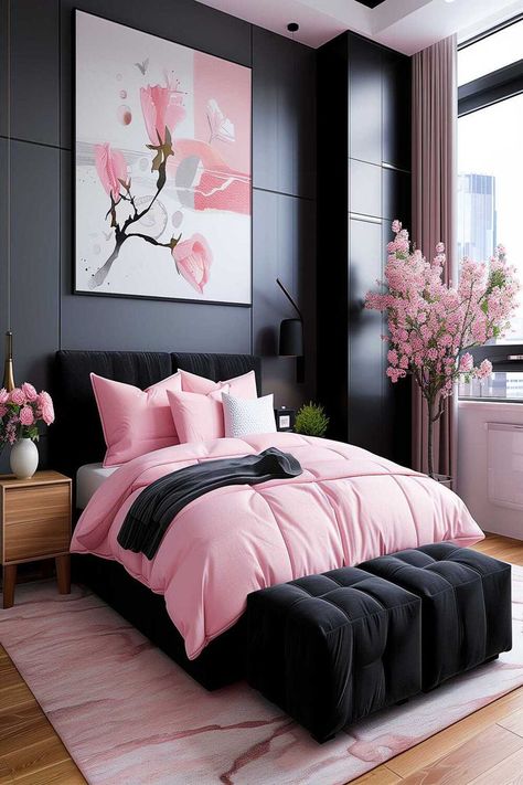 Modern bedroom with pink bedding and floral accents Black Room With Pink Accents, Pink Black Room Decor, White Black And Pink Bedroom, Black And Pink House Decor, Pink Grey And Black Bedroom, Pink Black And Gold Bedroom, Pink White And Black Bedroom, Pink Black White Bedroom, Apartment Inspiration Black