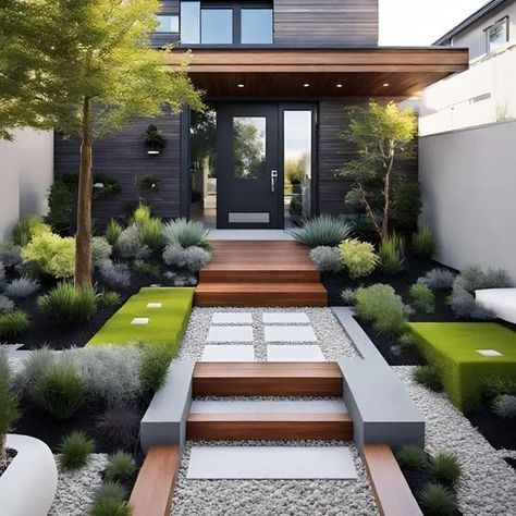 Landscape Ideas Open Front Yard Landscaping, Landscape Modern Design, Front Garden Entrance, Modern Landscape Design Front Yard, Modern Front Yard Landscaping Ideas, Modern Front Yard, Courtyard Gardens Design, Modern Backyard Landscaping, Outdoor Steps