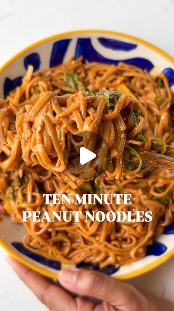 Ayushi Gupta-Mehra on Instagram: "TEN MINUTE PEANUT NOODLES

I’m never not craving noodles and these always hit the spot as they’re saucy , creamy, spicy , nutty and bursting with more flavours than you could imagine !

Cook noodles of choice; drain and reserve the starchy cooking water.

Using a mortar and pestle, pound together 3-4 cloves of garlic with a handful of toasted peanuts until you have a coarse sand-like texture. 

Add your peanut-garlic crumbly mix to a heat-proof bowl along with 
- 2-3 tsp gochugaru (crushed red chilli flakes) or chilli flakes/ paprika 
- 2-3 tsp sesame seeds 

Pour 1-1.5 tbsp hot sesame oil (or sub a neutral-flavour oil) on top and let it sizzle.

Give it a mix, then stir in: 
- 1 tbsp light soy
- 1 tbsp dark soy 
- Juice of half a lime
- 2 tbsp peanut butt